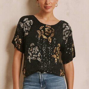 Vintage 1980s Era Joseph Le Bon Silk Sequinned Blouse with Gold Silver Roses M
